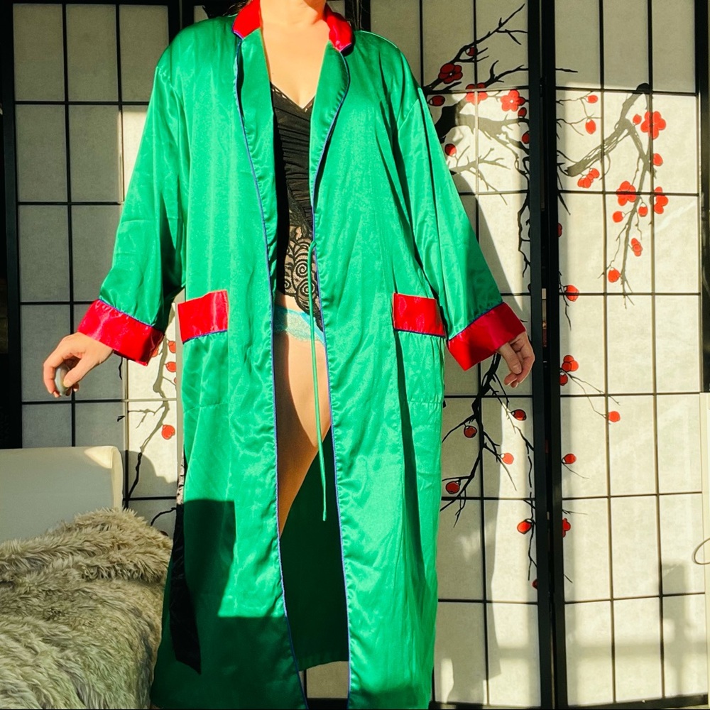Vintage Victoria’s Secret Satin Color-block Emerald Green Acid Pink Ribbed Robe